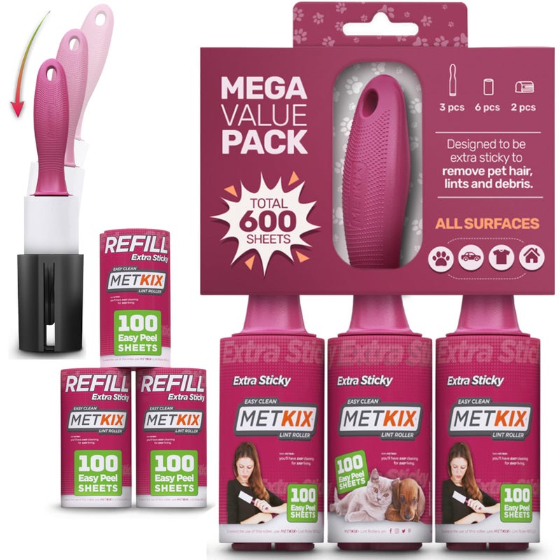 Metkix Lint Rollers for Pet Hair Extra Sticky | Protective Covers | Mega 600 Sheets Dog Cat Pet Hair Remover | Lint Roller for Clothes Sofa Bed Carpet and More | Lint Roller Refills - Image 1